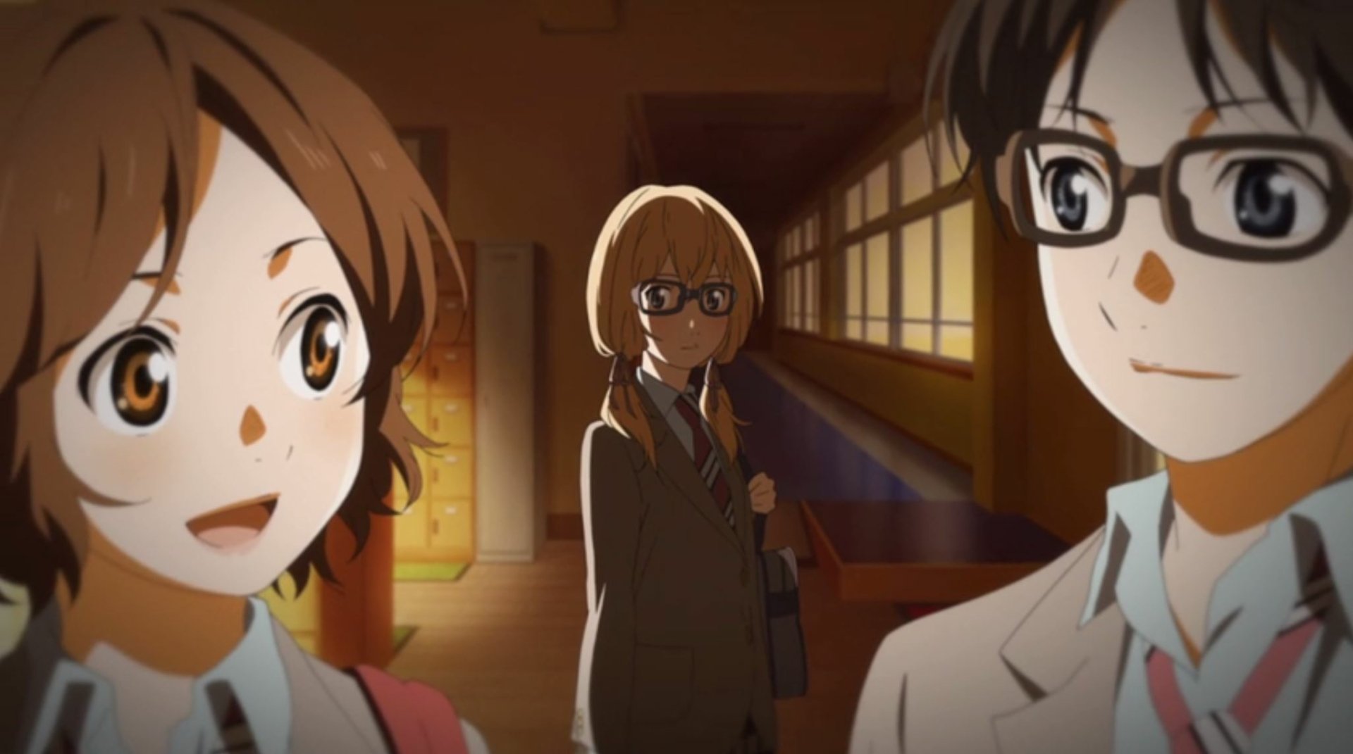 HD desktop wallpaper featuring Kousei Arima and Kaori Miyazono from the anime Your Lie in April, set in a school hallway background.