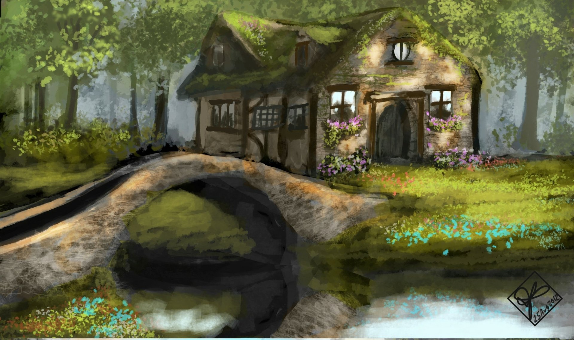 Download Bridge Cottage Artistic Painting HD Wallpaper by Jereme Peabody