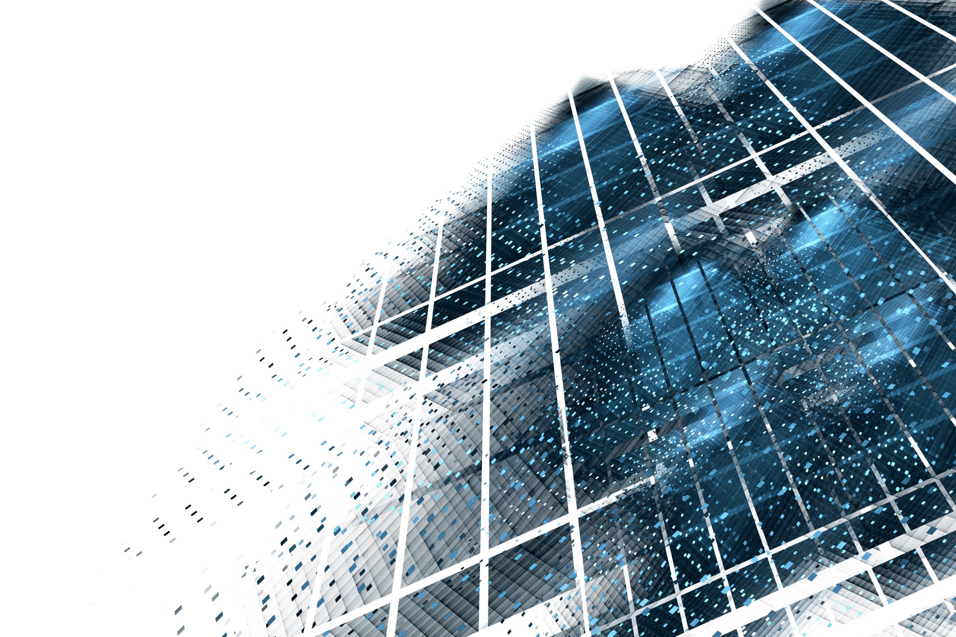 Abstract cube grid in blue and white with starry particles and dynamic perspective — 5K Ultra HD PC desktop wallpaper background.