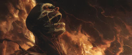 A dramatic HD wallpaper featuring the Colossal Titan from the anime Attack on Titan, showcasing intense flames and a powerful expression against a dark sky.