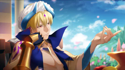 Gilgamesh (Caster) from Fate/Grand Order is depicted in vibrant 4K Ultra HD anime style with a bright sky background in this Fate Series desktop wallpaper.