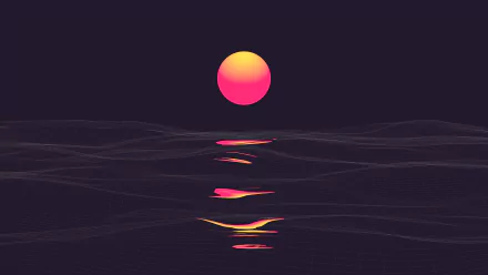HD desktop wallpaper featuring a vaporwave artistic style with a retro wave theme, showcasing a vibrant sunrise over a stylized sea with dark purple tones.