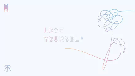 A minimalist HD desktop wallpaper featuring pastel colors and flowing lines with the text LOVE YOURSELF. Celebrates the themes of music and BTS.