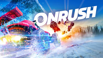 HD wallpaper featuring an explosive Onrush game scene with racing vehicles mid-air against a vibrant, dynamic background.