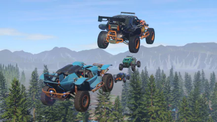 HD desktop wallpaper featuring mid-air off-road vehicles from the game Onrush, set against a forest and mountain backdrop.