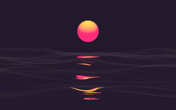 HD desktop wallpaper featuring a vaporwave artistic style with a retro wave theme, showcasing a vibrant sunrise over a stylized sea with dark purple tones.