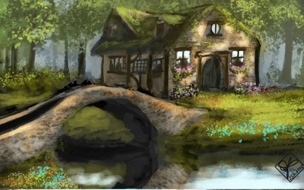 Artistic Painting Cottage Bridge HD Wallpaper | Background Image