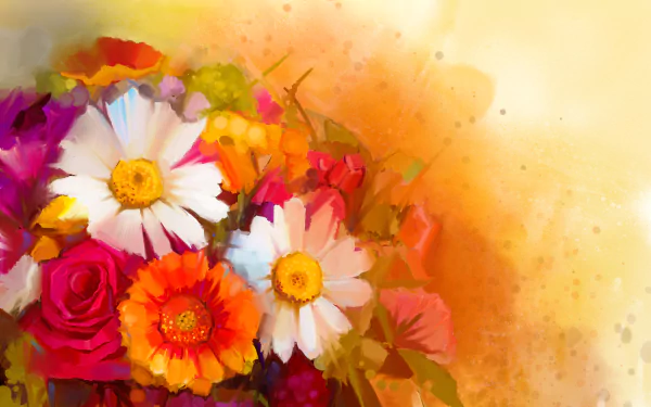 Artistic oil painting of vibrant flowers in warm tones, rendered in stunning 4K Ultra HD for a rich and detailed PC desktop wallpaper background.