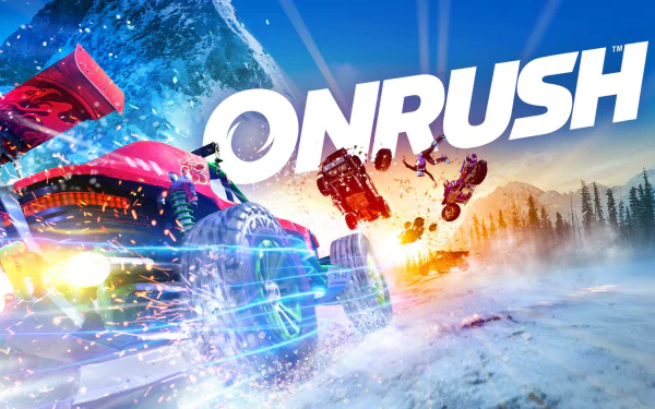 HD wallpaper featuring an explosive Onrush game scene with racing vehicles mid-air against a vibrant, dynamic background.