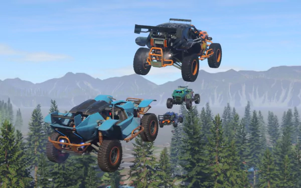HD desktop wallpaper featuring mid-air off-road vehicles from the game Onrush, set against a forest and mountain backdrop.