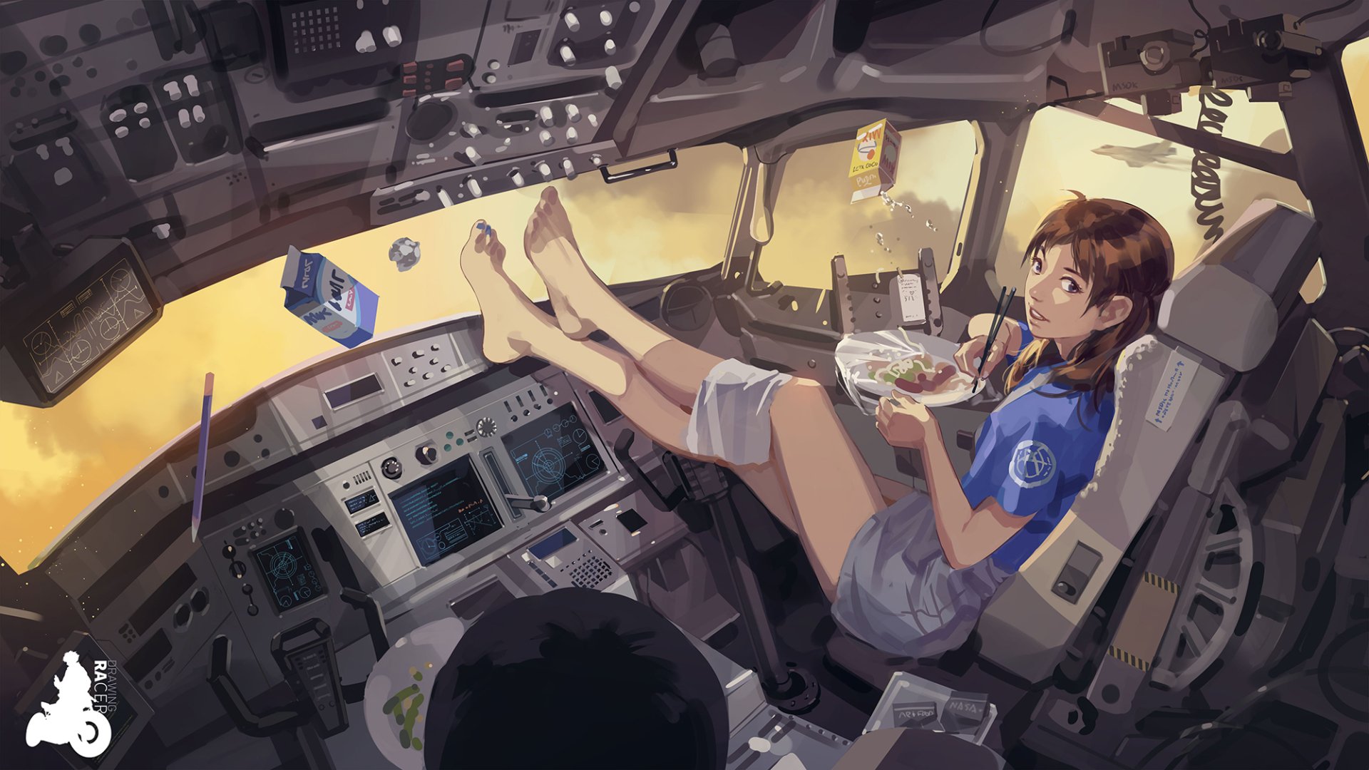 Anime-style HD desktop wallpaper of a girl with brown hair and eyes relaxing in a cockpit, holding a pencil and a milk carton amidst high-tech controls.