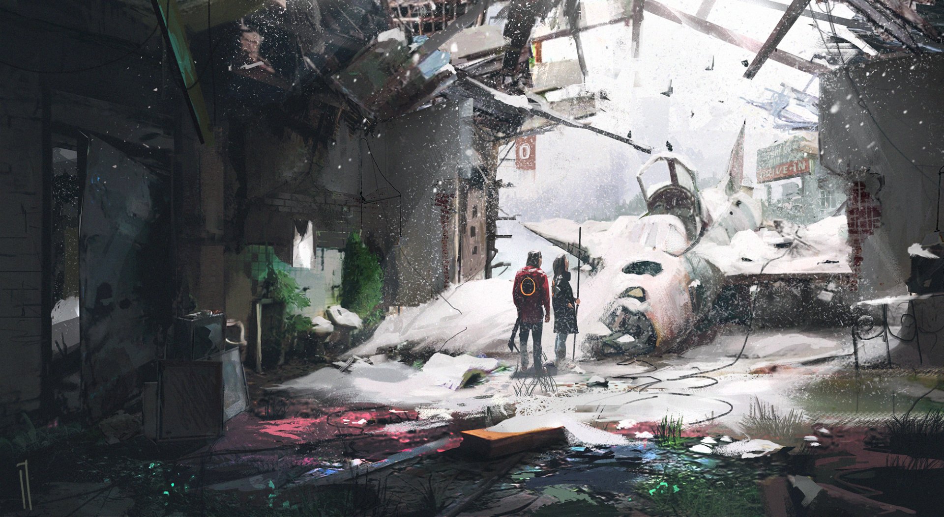 Post-apocalyptic sci-fi scene depicting two figures exploring a decayed, snow-covered aircraft wreck inside a dilapidated structure, rendered in high-definition for PC desktop wallpaper.