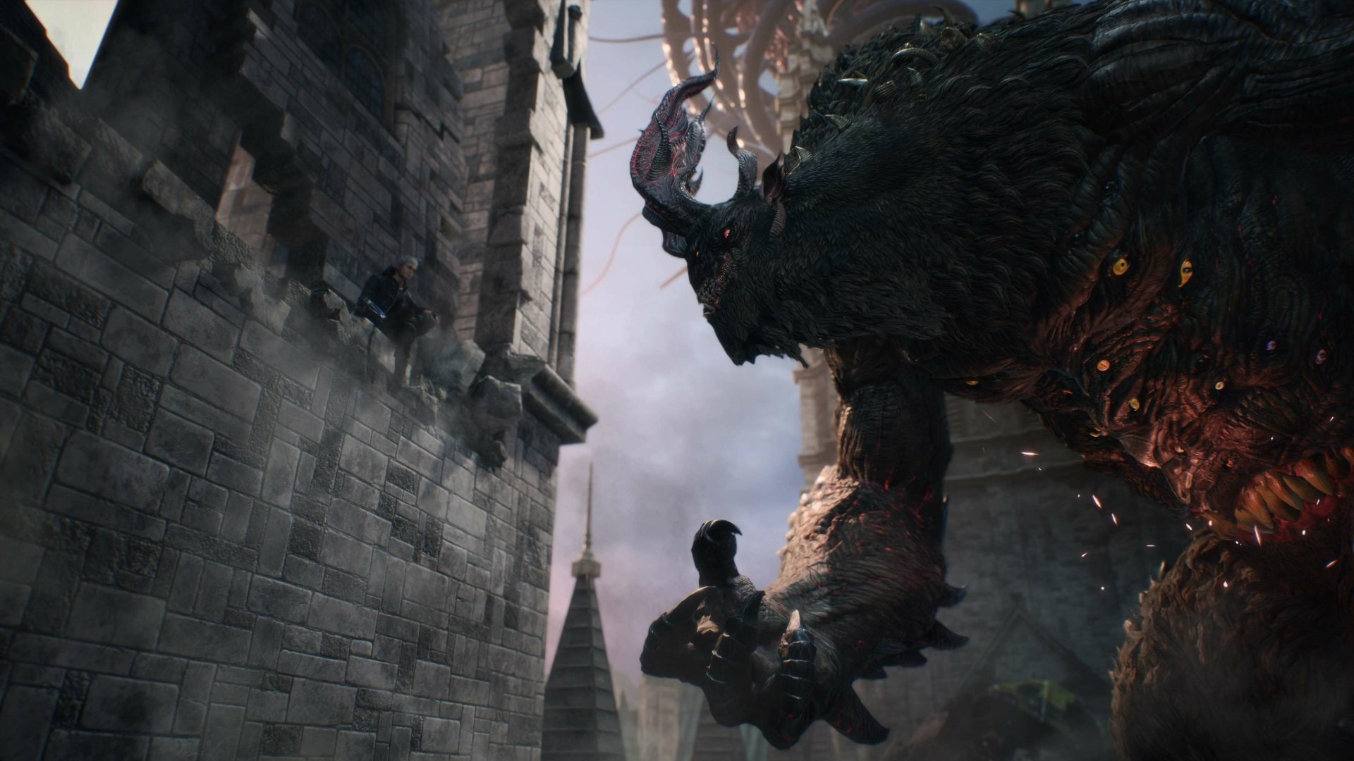 HD PC desktop wallpaper featuring Nero from the video game Devil May Cry 5 confronting a massive demonic creature in a dark, gothic setting.