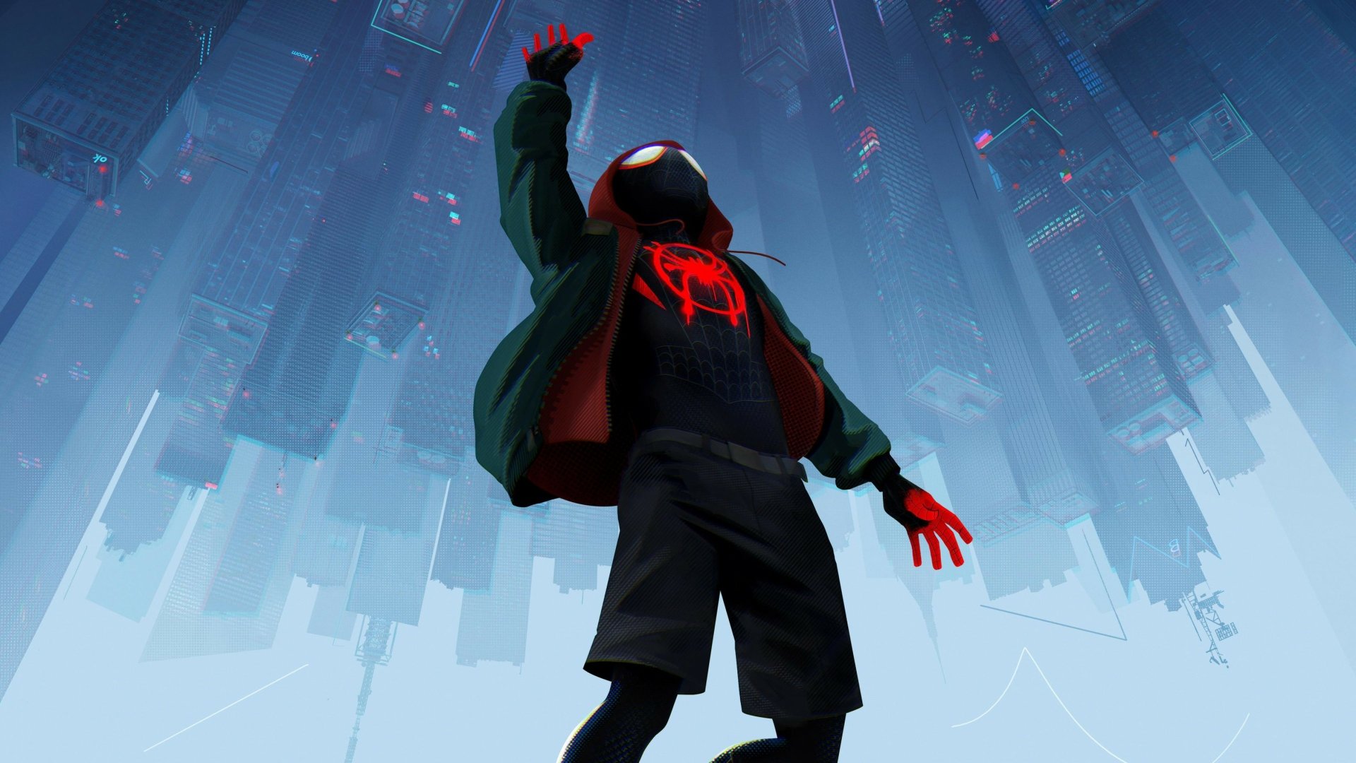 HD desktop wallpaper showing Miles Morales as Spider-Man from the movie Spider-Man: Into The Spider-Verse raising one arm, with a futuristic cityscape in the background.