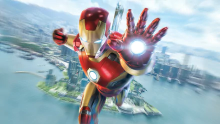 HD desktop wallpaper featuring Tony Stark as Iron Man in full suit, flying over a cityscape with a bright sky in the background.