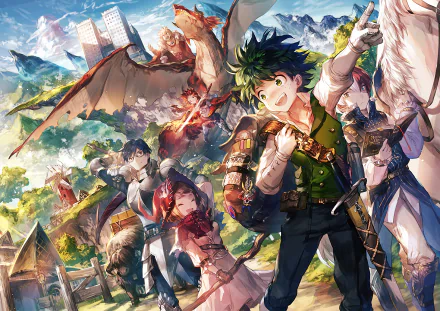 HD desktop wallpaper featuring characters from My Hero Academia: All Might, Ochaco Uraraka, Shoto Todoroki, Izuku Midoriya, Eijiro Kirishima, Tenya Iida, and Katsuki Bakugou in an adventurous fantasy setting.