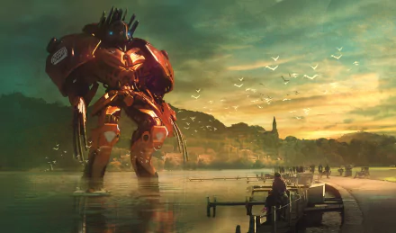 HD desktop wallpaper showing a massive sci-fi robot standing in a lake, with a picturesque sunset and a small village in the background. Birds are flying in the sky above the serene water.