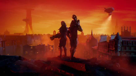 HD PC desktop wallpaper from the video game Wolfenstein: Youngblood, featuring two armored characters overlooking a cityscape under a red-orange sky with a looming airship.