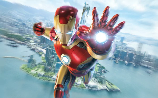 HD desktop wallpaper featuring Tony Stark as Iron Man in full suit, flying over a cityscape with a bright sky in the background.