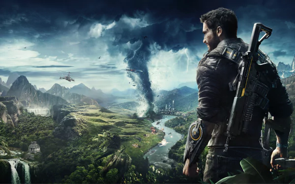 HD desktop wallpaper of Just Cause 4 video game, featuring the protagonist with a weapon looking over a dramatic landscape with a tornado, mountains, and a helicopter in the distance.