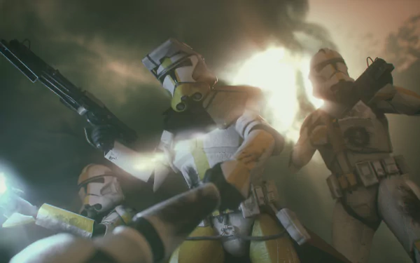 4K Ultra HD Star Wars desktop wallpaper featuring clone commanders and clone troopers in battle-ready poses amid smoky, dramatic sci-fi battlefield lighting.