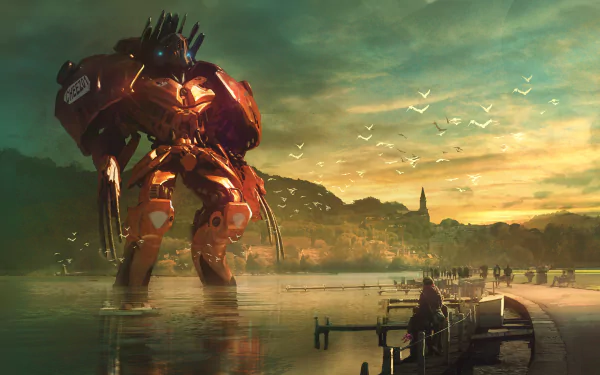 HD desktop wallpaper showing a massive sci-fi robot standing in a lake, with a picturesque sunset and a small village in the background. Birds are flying in the sky above the serene water.