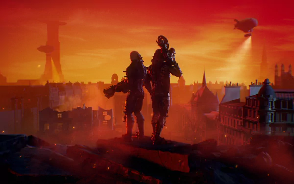 HD PC desktop wallpaper from the video game Wolfenstein: Youngblood, featuring two armored characters overlooking a cityscape under a red-orange sky with a looming airship.