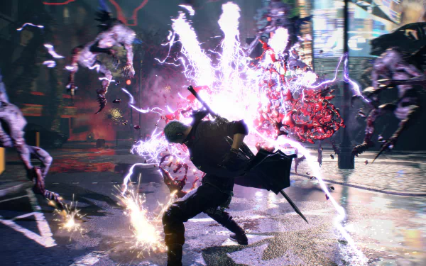 HD desktop wallpaper featuring Nero from Devil May Cry 5 in a dynamic action scene, wielding his sword amidst electrifying effects and enemies in a chaotic urban setting.