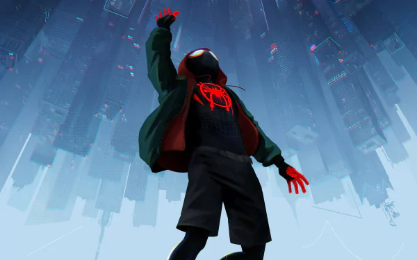 HD desktop wallpaper showing Miles Morales as Spider-Man from the movie Spider-Man: Into The Spider-Verse raising one arm, with a futuristic cityscape in the background.