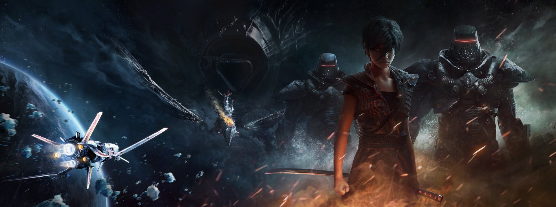 HD PC desktop wallpaper featuring a dark, intense scene from the video game Beyond Good & Evil 2 with characters poised for battle amidst smoke and fire.