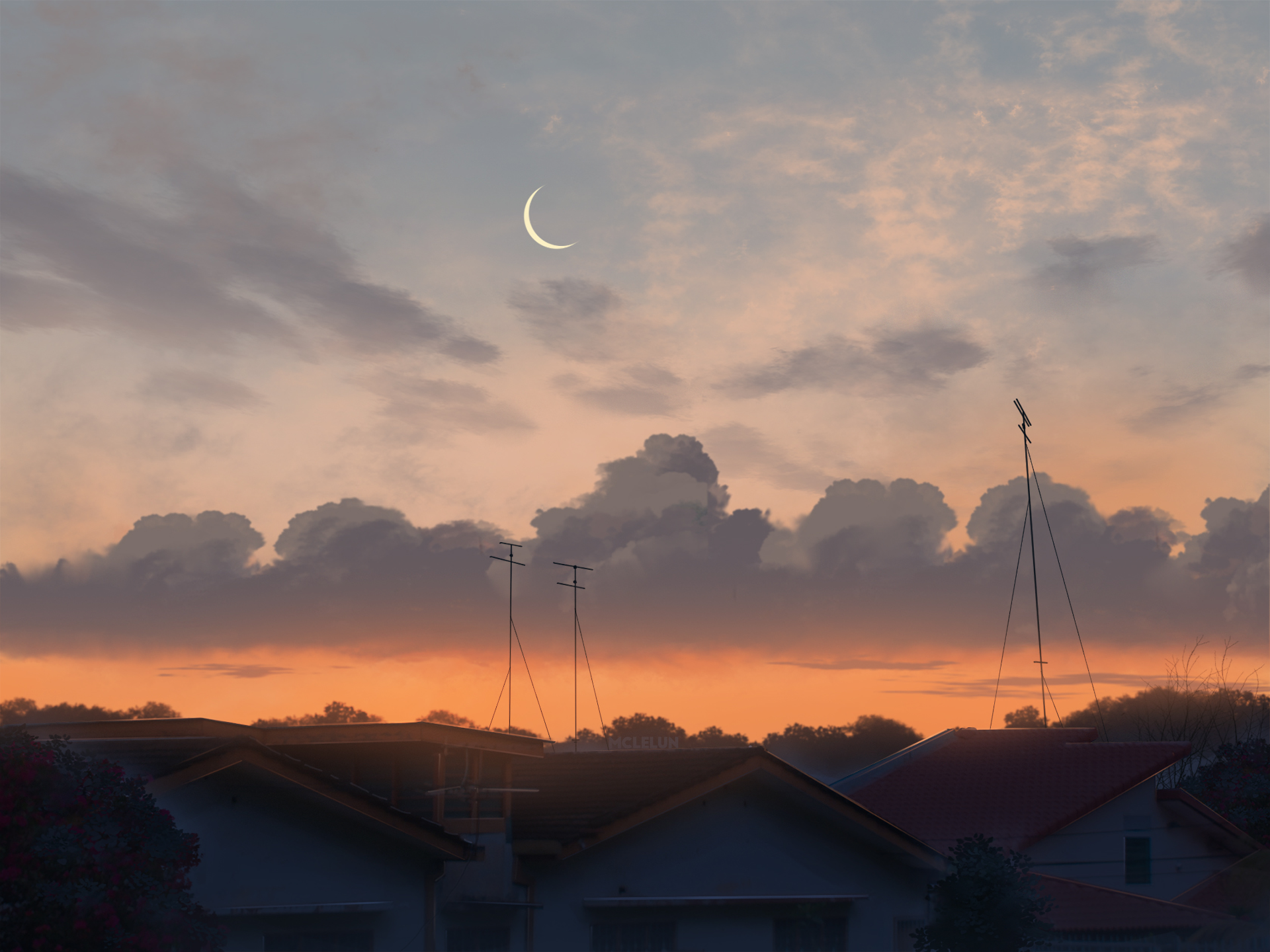 HD Anime-themed desktop wallpaper featuring a serene sky with a crescent moon, set against a backdrop of clouds and rooftops during sunset.