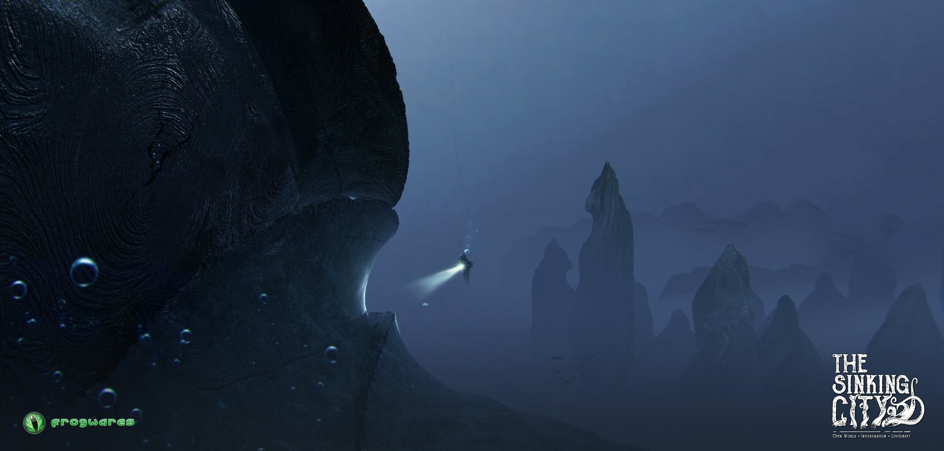 HD desktop wallpaper featuring a mystical scene from The Sinking City with eerie underwater rock formations and a solitary light in the dark.