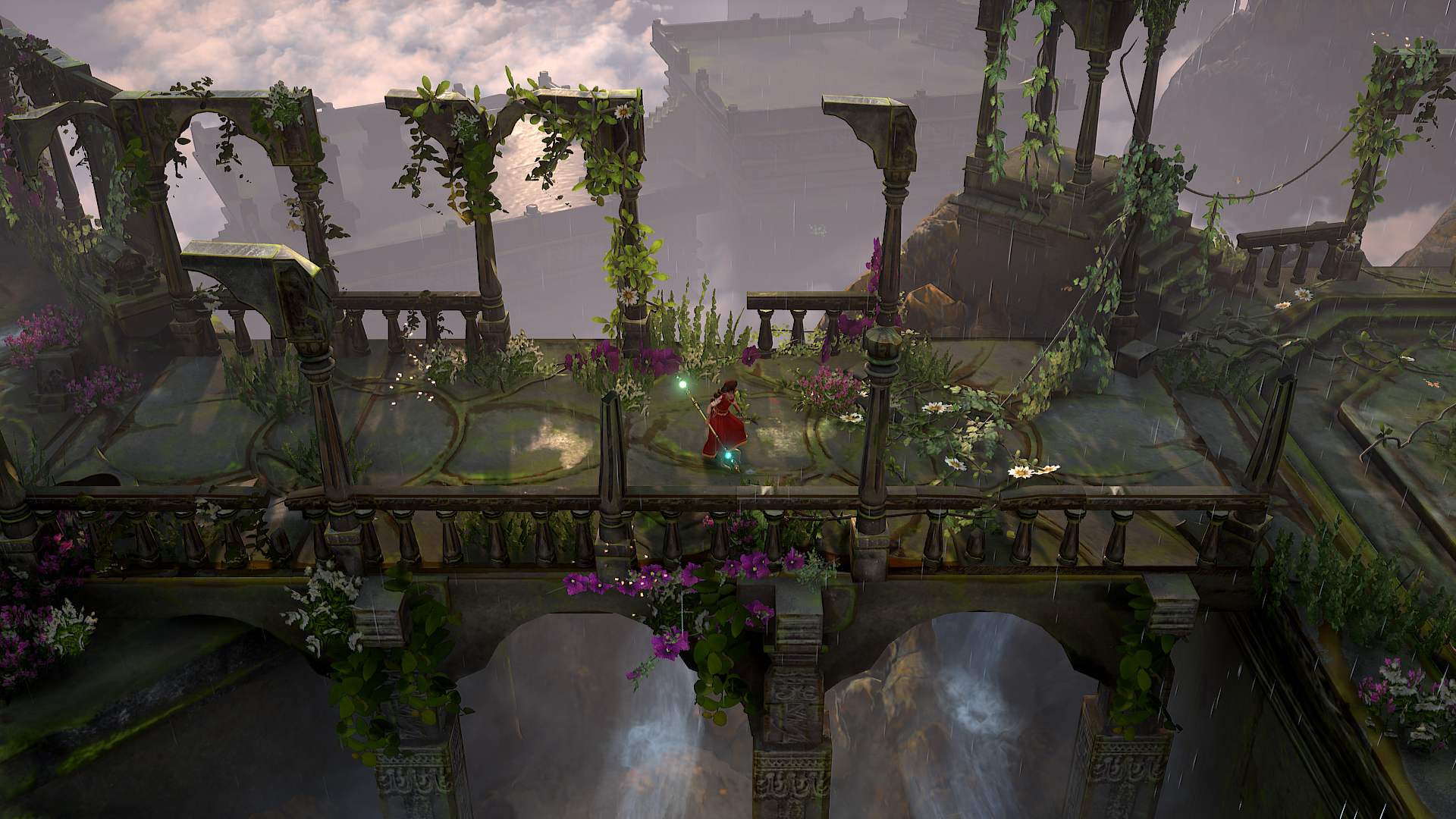 HD wallpaper from Raji: An Ancient Epic featuring an in-game character on an ancient ruinous structure with lush greenery.