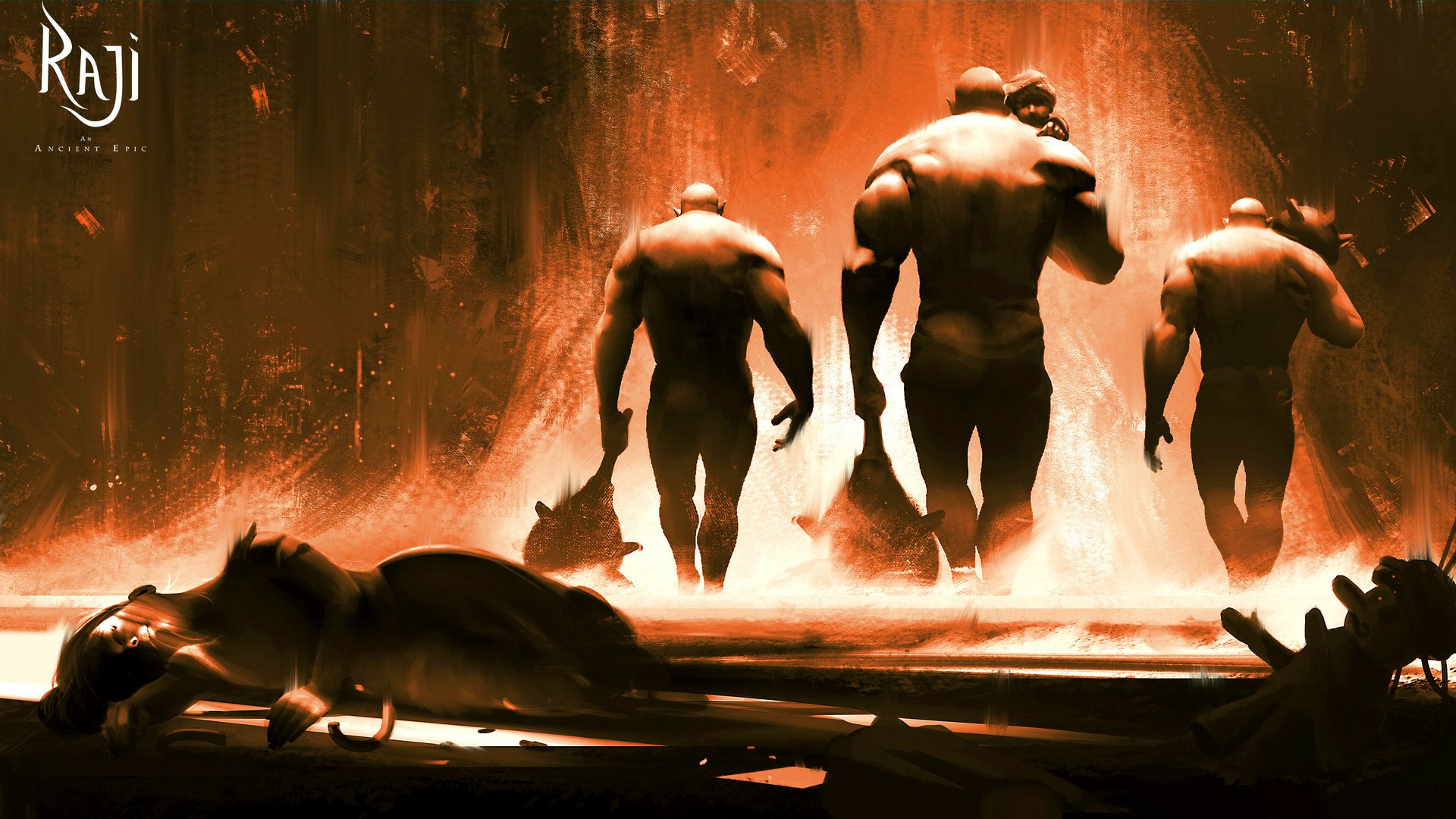 HD wallpaper from Raji: An Ancient Epic featuring shadowy figures and mystical creatures against a fiery backdrop.