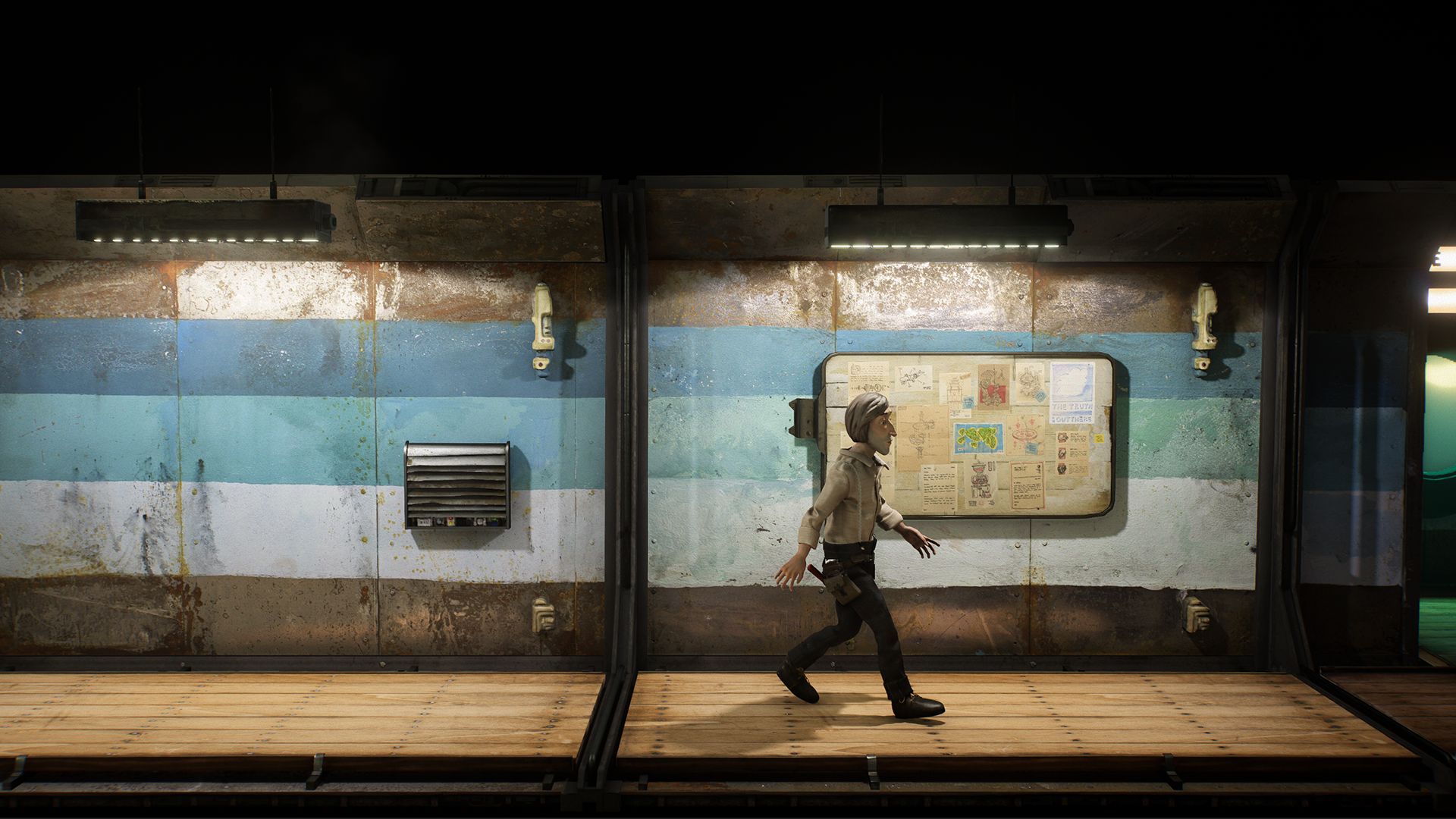 HD desktop wallpaper from Harold Halibut featuring a character walking across a dimly lit, underwater train station platform.