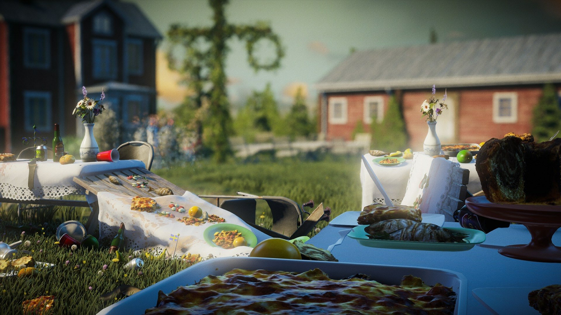 HD desktop wallpaper featuring a scene from Unravel Two with characters overlooking a table of food in a sunny countryside setting.