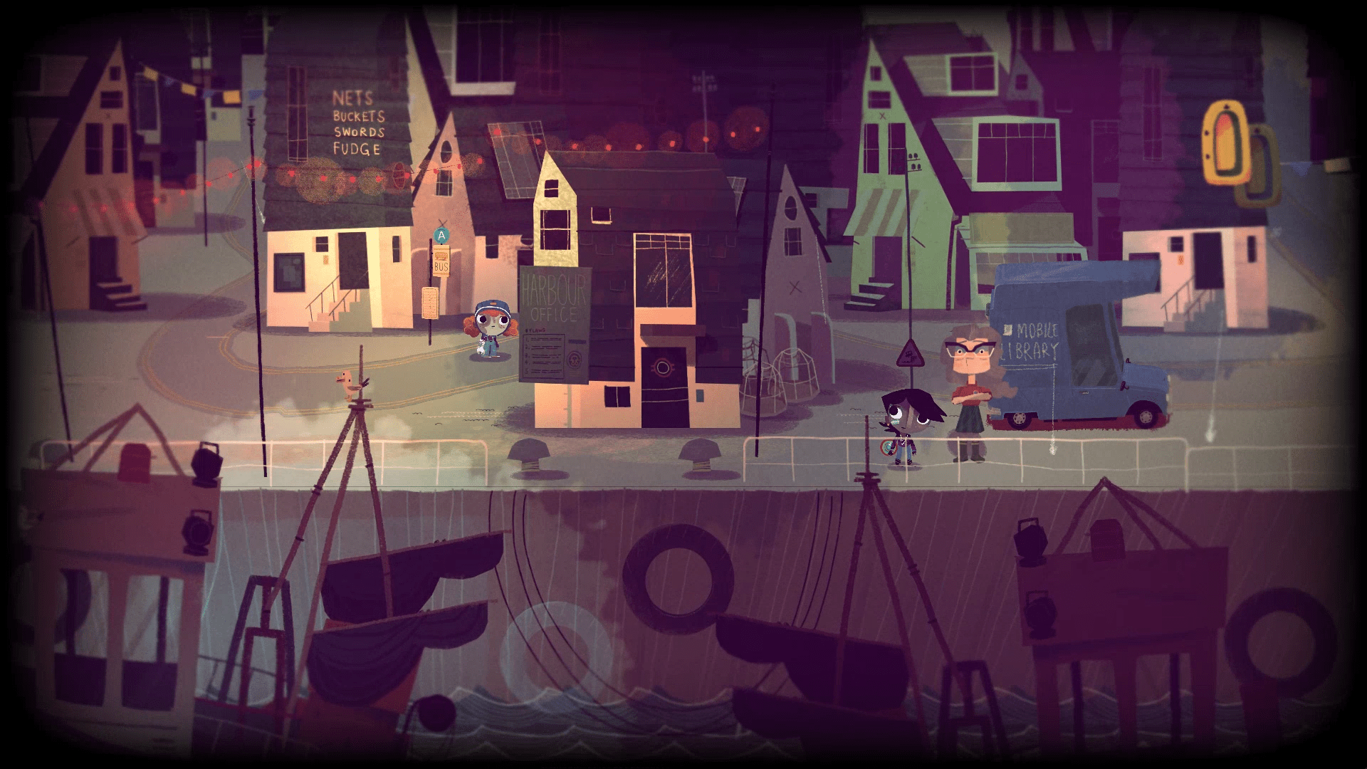 HD desktop wallpaper of Knights and Bikes featuring two characters exploring a quaint, stylized coastal town.