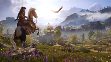 HD desktop wallpaper of Assassin's Creed Odyssey featuring a character on horseback overlooking a lush, mountainous landscape with birds flying in the sky at sunset.