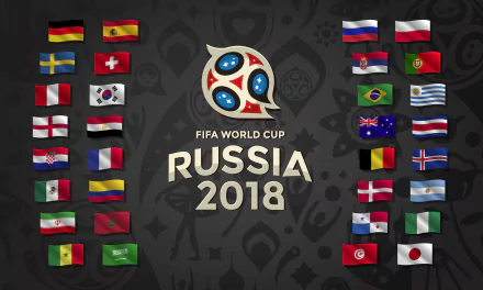 HD desktop wallpaper for the 2018 FIFA World Cup with a central logo and flags of the participating countries on a dark background.