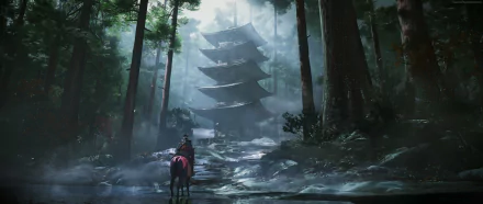HD PC desktop wallpaper featuring Jin Sakai from the video game Ghost of Tsushima, depicting him on horseback in a misty forest with a multi-tiered pagoda in the background.