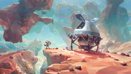 HD ASTRONEER desktop wallpaper featuring an astronaut exploring a rocky alien landscape with a landed spacecraft.