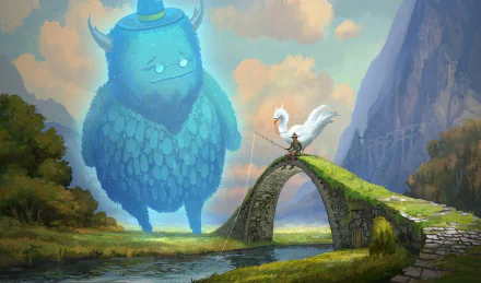 HD desktop wallpaper featuring a translucent blue Ghost Giant observing a figure on an arched stone bridge in a mystical landscape.