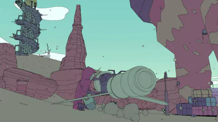 HD desktop wallpaper featuring the stylized landscape from the game Sable, with rock formations and a crashed spaceship.