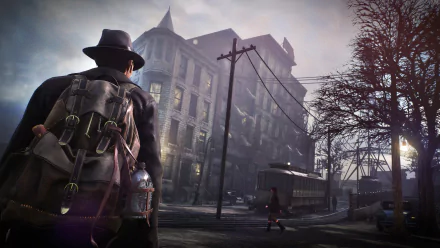 HD wallpaper featuring The Sinking City game with a detective character overlooking a foggy, eerie street scene.