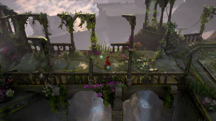 HD wallpaper from Raji: An Ancient Epic featuring an in-game character on an ancient ruinous structure with lush greenery.