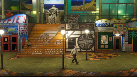 HD wallpaper of a scene from Harold Halibut with a character walking in a quirky, colorful town square.