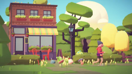 HD desktop wallpaper of Ooblets game, showcasing a character walking past a shop on a sunny day in a colorful, stylized virtual world.