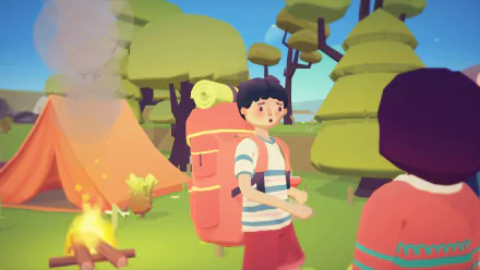 HD desktop wallpaper featuring characters from Ooblets in a vibrant campsite setting.