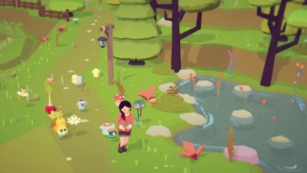 HD desktop wallpaper of Ooblets game featuring a character surrounded by whimsical creatures in a colorful forest environment.