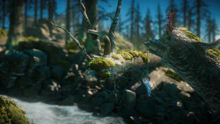 HD desktop wallpaper featuring the characters from Unravel Two in a serene forest by a stream.